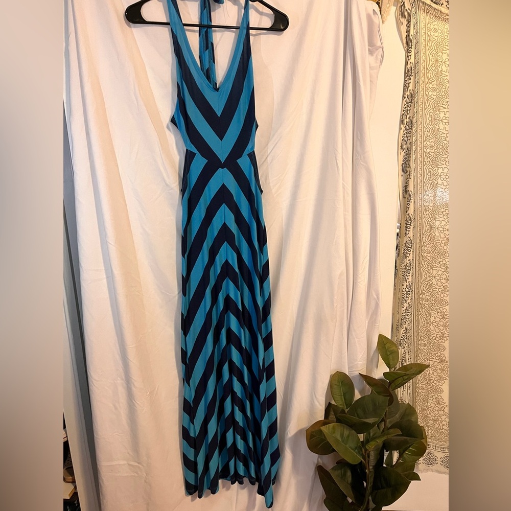 Blue open halter top dress